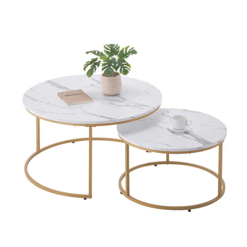 Nesting Coffee Table Set of 2, Round Coffee Table, Nesting Tables for Small Place, Vintage End Side Tables Night Stand with Metal Frame, for Living Room, Bedroom, Office (White & Gold)