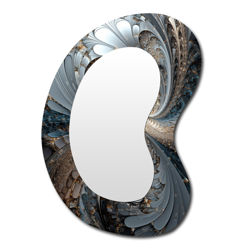 Aslef Mystical Universe In Mysterious Blue And Gold IV - Fractals Irregular Shape Decorative Mirror, Modern Asymmetrical Wall Mirror, Printed Metal Art