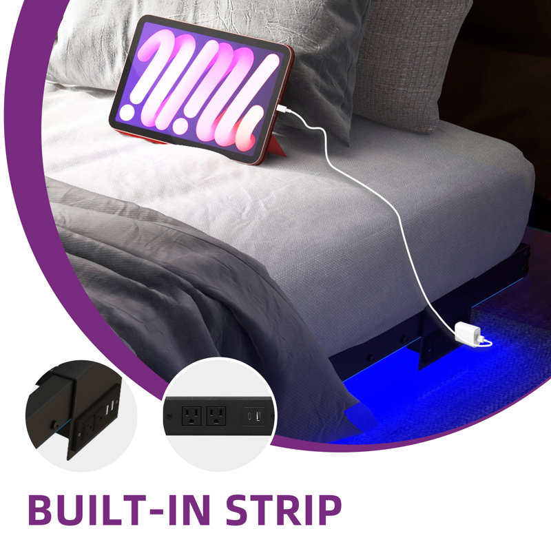 Floating Metal Bed Frame with LED Lights and Charging Station, Full