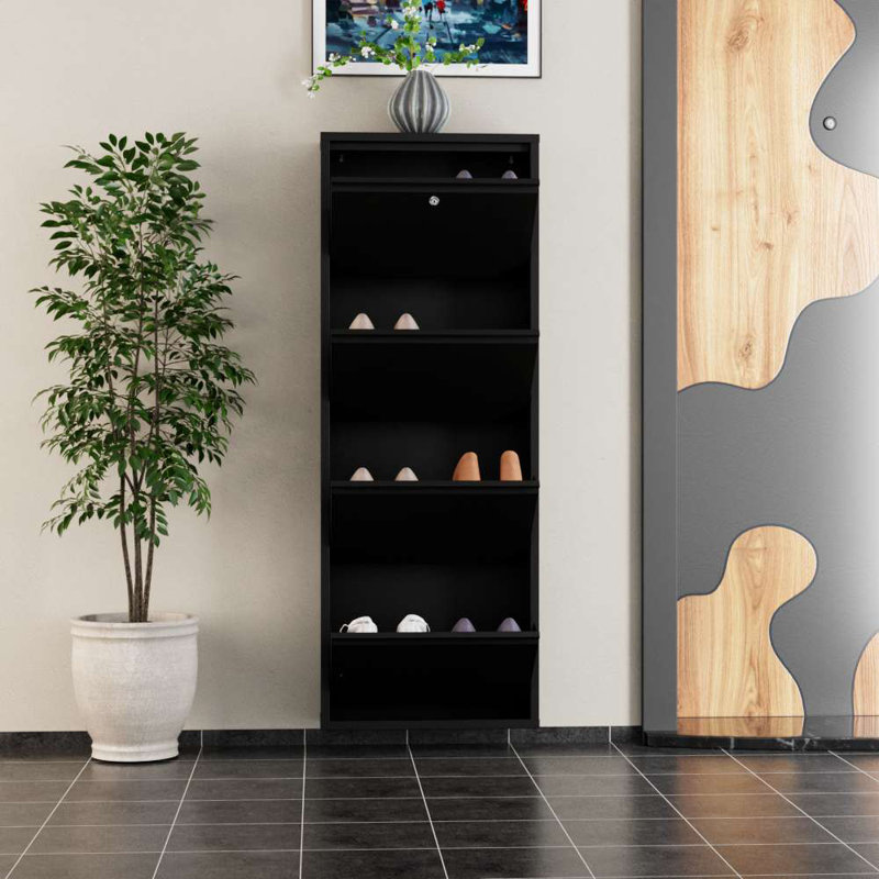 Range-chaussures moderne noir, 100% métal | Épaisseur de 0,7 mm, fixation murale, portes à ouverture centrale avec supports magnétiques | Solution de rangement élégante et peu encombrante pour le vestibule