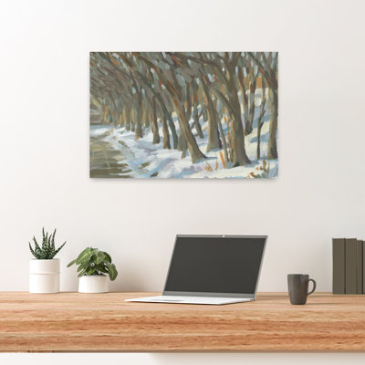 «Snowy Riverbank Trees Abstract Contemporary Landscape Tree», reproduction d'art murale