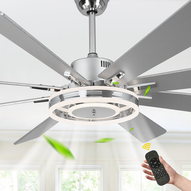 Ventilateur de plafond moderne 72 po en chrome avec ensemble d'éclairage DEL et télécommande, moteur à courant continu silencieux à 6 vitesses, température 3 couleurs, réversible pour les grandes pièces