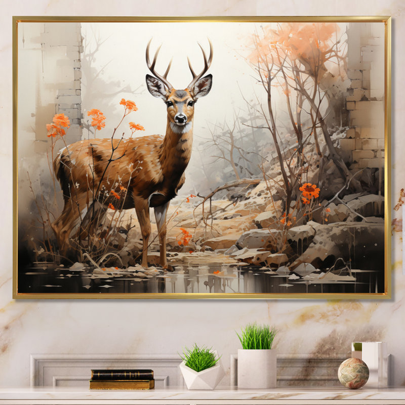 Cerf, élégance rustique - imprimé, H 34 po x l 44 po x P 1,5 po, Cadre flottant doré