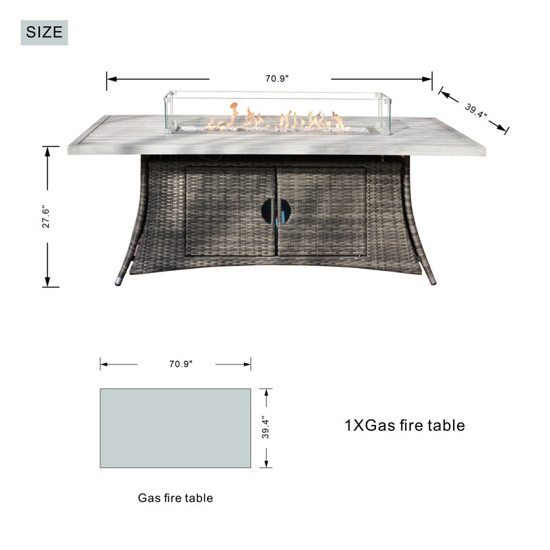 Table de foyer d'extérieur au propane H 27 po x l 71 po, gris