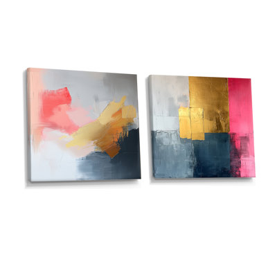 Motif géométrique géométrique doré rose et gris pur V - art mural géométrique - décoration murale moderne 2 pièces