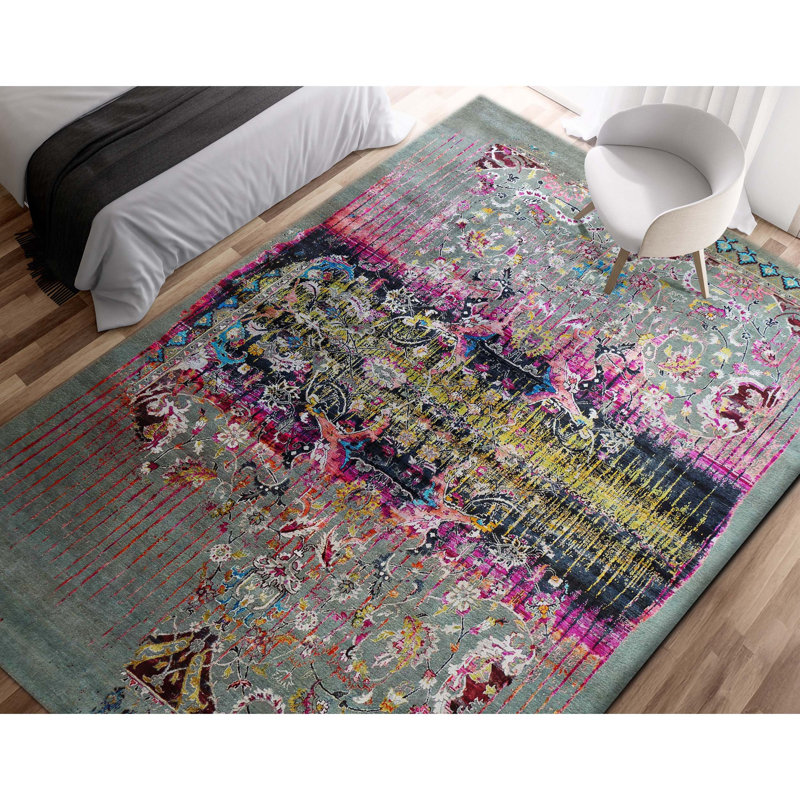 Hand Knotted Abstract Area Rug in Light Gray/Pink/Black/Blue, Rectangle 9' x 12'