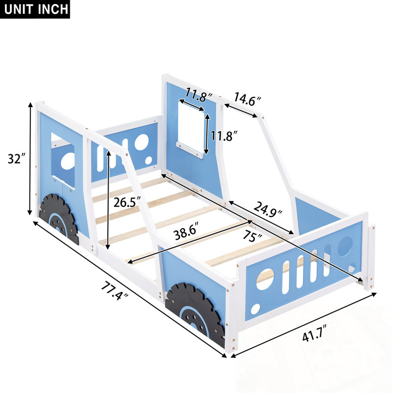 Lit plateforme simple en forme de voiture avec roues, Bleu