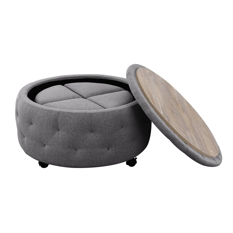 Repose-pieds rond à roulettes avec plateau réversible et 4 repose-pieds latéraux emboîtables, tissu gris foncé
