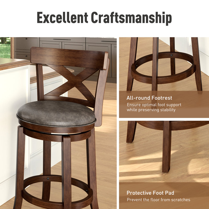 Tabouret de comptoir pivotant rembourré de 66 cm (26 po) avec cadre en bois massif et siège en similicuir pour la cuisine (ensemble de 4)