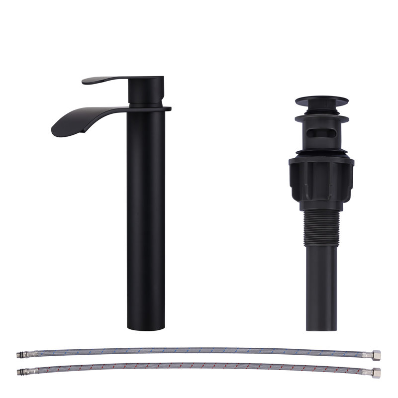 Waterfall Single Handle Tall Bathroom Faucet With Pop Up Drain, Matte Black