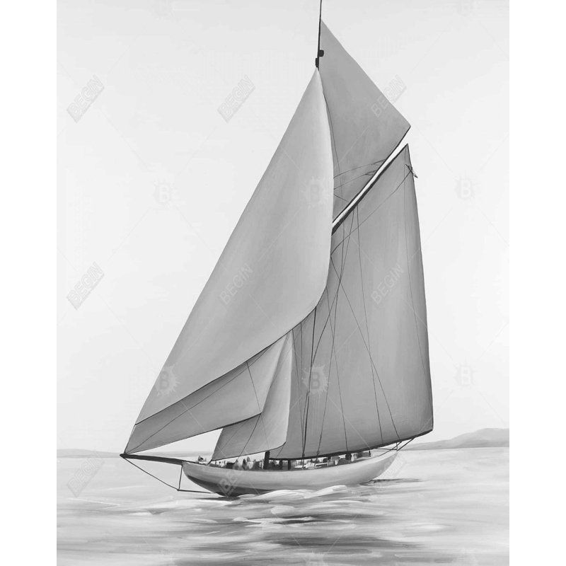 Voilier rétro - imprimé mat gris encadré pour la décoration, H 20 po x l 16 po, Noir