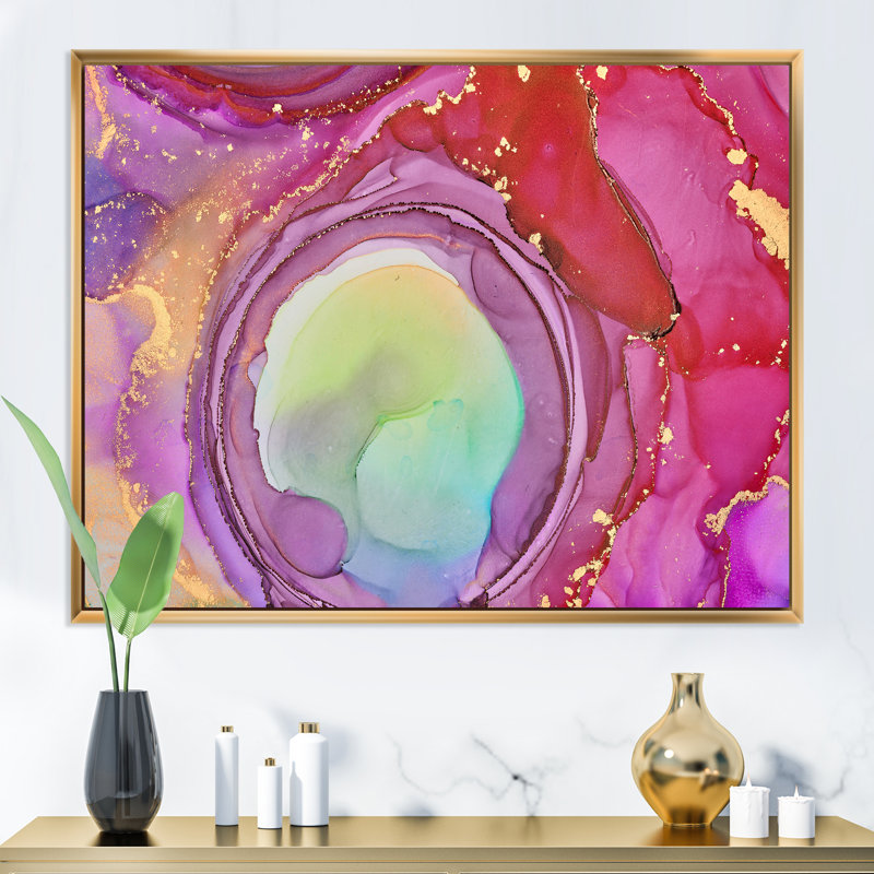 Mauve luxueux abstrait fluide VII - peinture sur toile, H 34 po x l 44 po, Cadre flottant doré