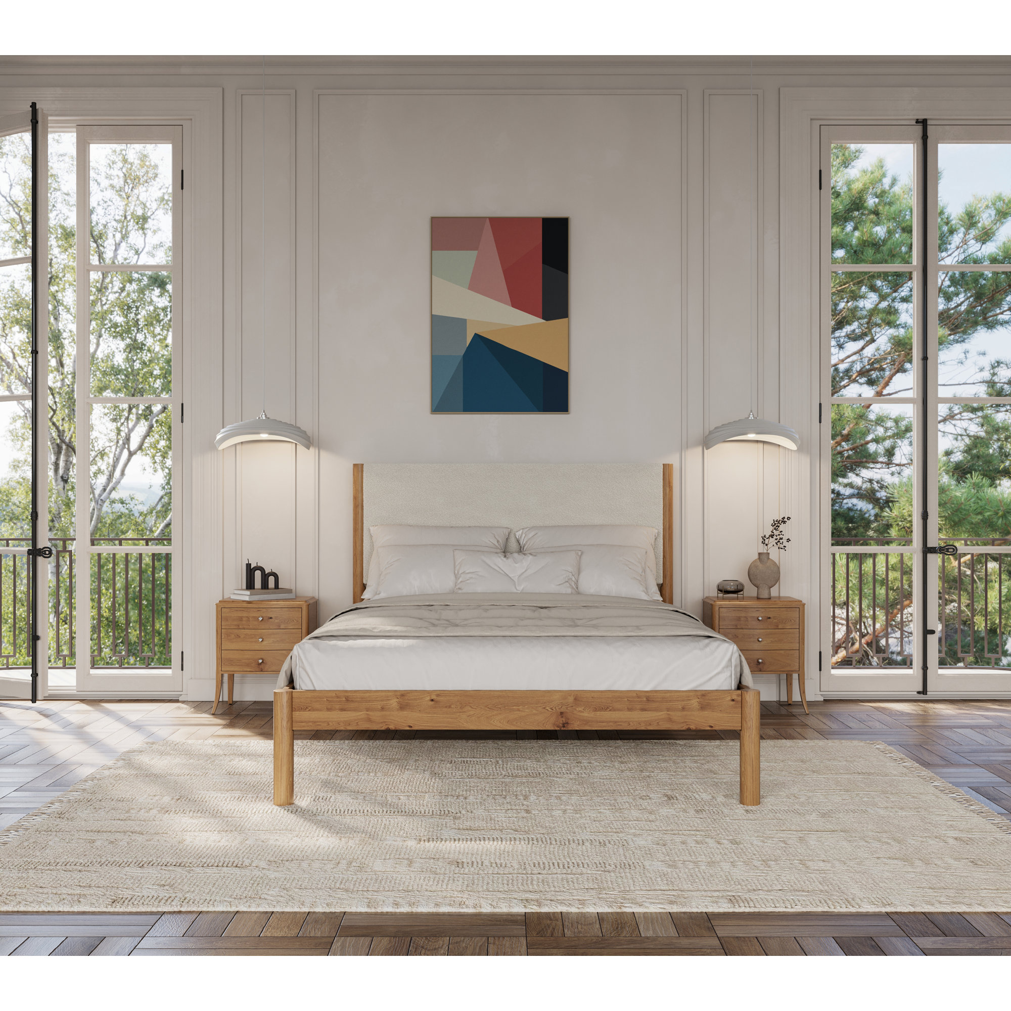 Ardin Solid Wood Bed Frame With Cream Boucle Upholstered Headboard, Natural, Full