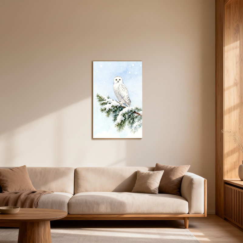 Animaux, hibou des neiges perché sur une branche enneigée, H 18 po x l 12 po