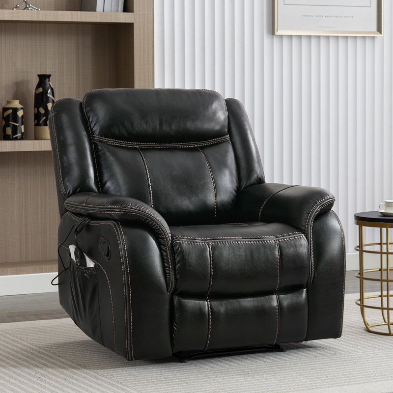 Abbagail 38.9" Wide Overstuffed Faux Leather Manual Recliner with Massage and Heating, Black