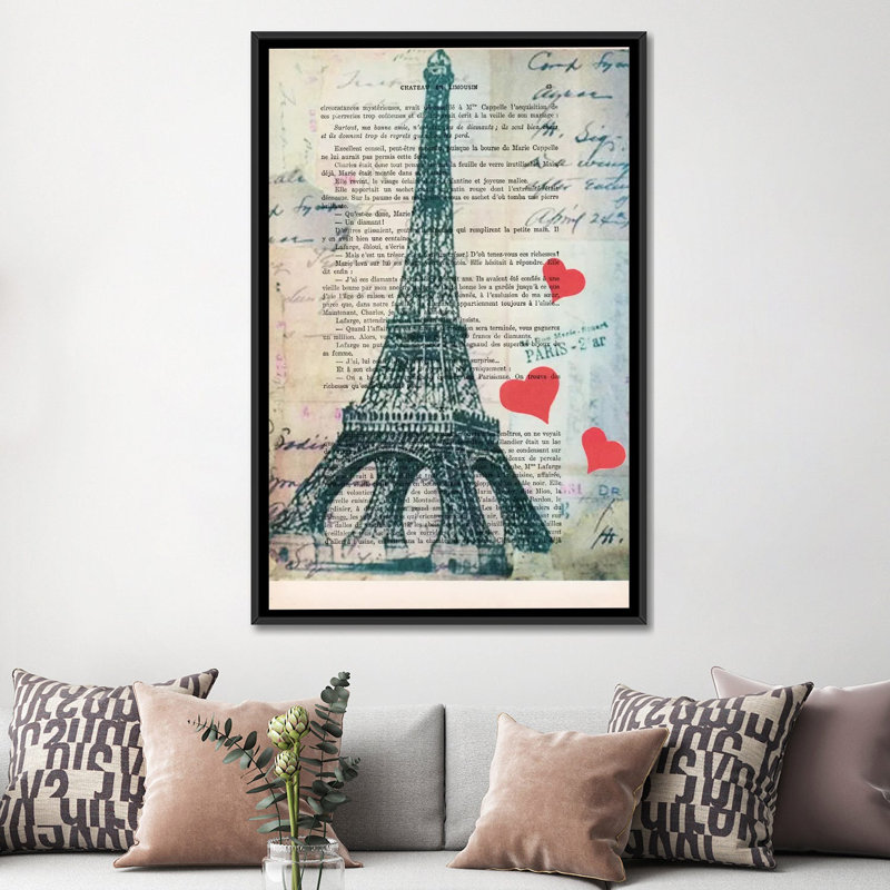 «Vintage Paper Series: Eiffel Tower Love», impression sur toile, H 26 po x l 18 po x P 1,5 po, Toile avec cadre noir
