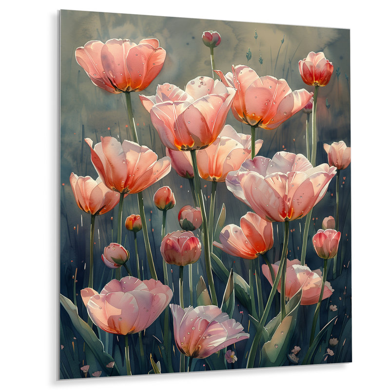 Décoration murale tulipes roses et vertes, Sans cadre, métal, H 24 po x l 32 po