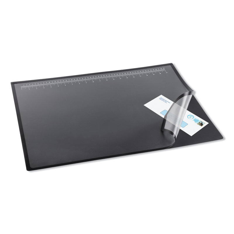 Black and Clear Vinyl Desk Pad with Transparent Overlay and Non-Slip Base