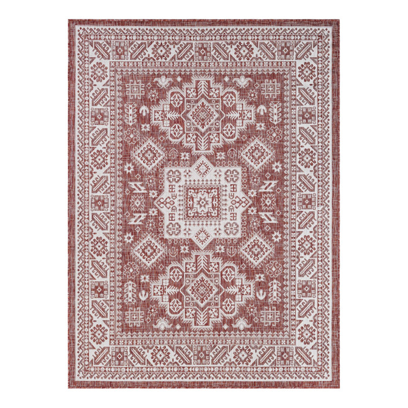 Tapis intérieur / extérieur rouge rouille en polypropylène tissé à la machine Archange, Rectangle 5 pi 3 po x 7 pi 1 po