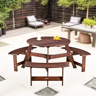 Picnic Table With 3 Benches For 6 - Umbrella Hole, , Weather , Patio And Backyard Person Round Waterproof, Rustic Style, Furniture