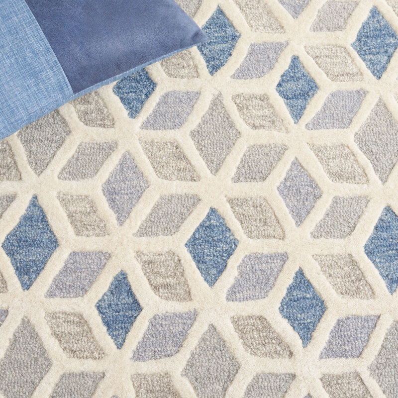 Ivory and Blue Geometric Hand-Tufted Wool Rug, 5' x 8'