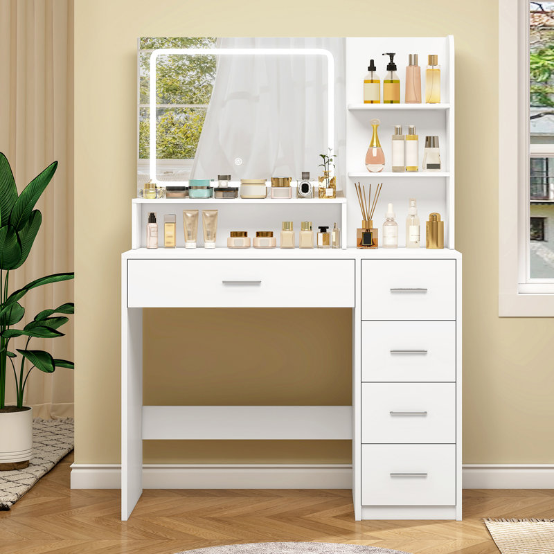 Makeup Vanity Desk With Mirror & Led Lights, 5 Drawers