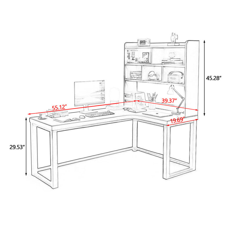 Bureau d'angle en L en bois massif avec bibliothèque intégrée, H 74,8 po x l 55,12 po x P 39,37 po, Right Hand Return