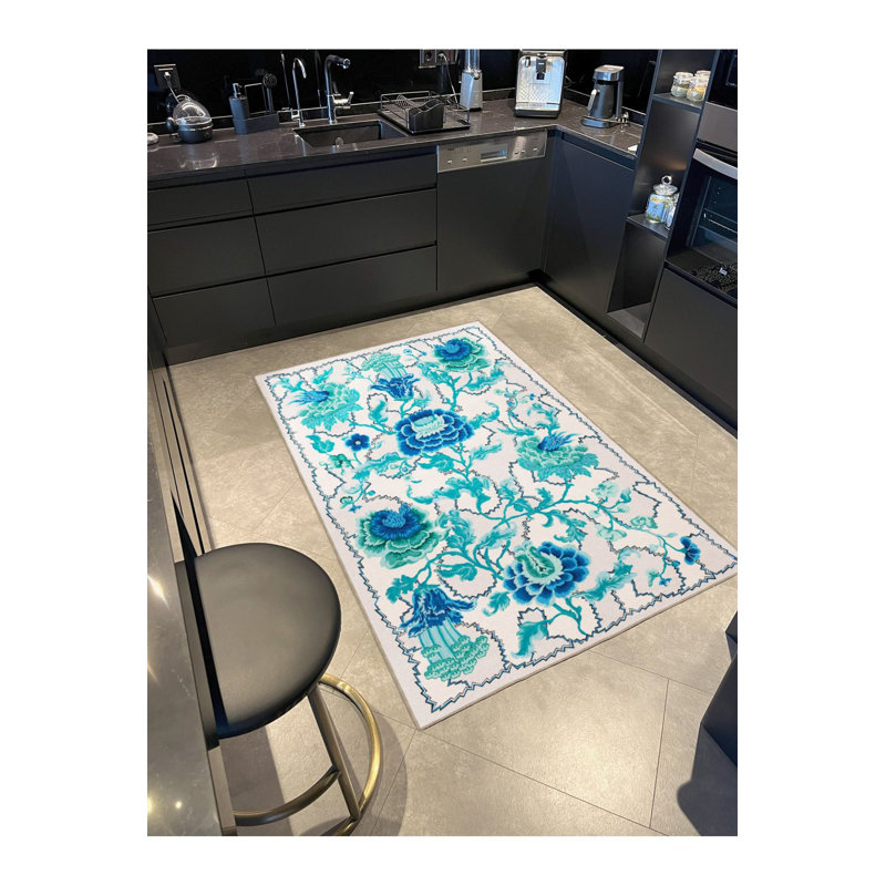 Tapis lavable décoratif à motif floral abstrait turquoise, Sous-tapis rectangulaire 4 pi 7 po x 6 pi 7 po inc