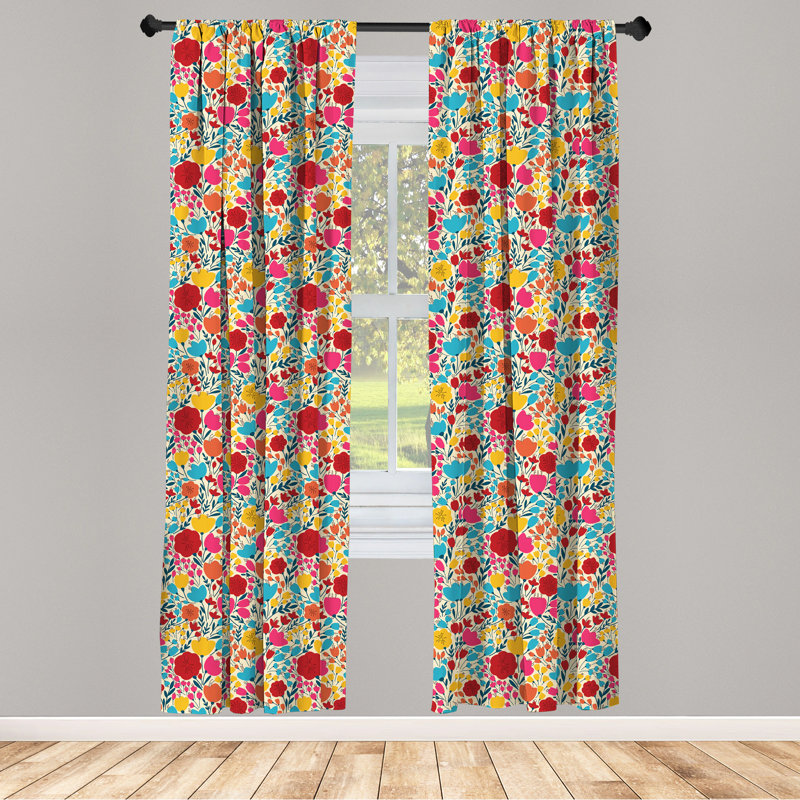 Colorful Floral Semi-Sheer Rod Pocket Curtain Panels, 28" W x 63" L