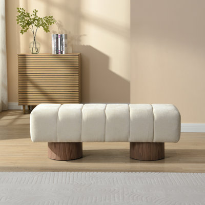 Banc de salle à manger rembourré pour la salle à manger, banc de repose-pied sans assemblage pour le salon de la chambre à coucher, tabouret en chenille beige avec pieds en bois et capacité de poids de 300 lb