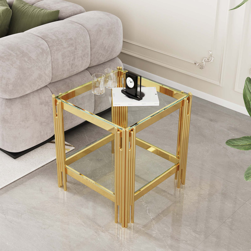 Table de bout en verre trempé à double couche supérieure et inférieure avec cadre en acier inoxydable à finition miroir