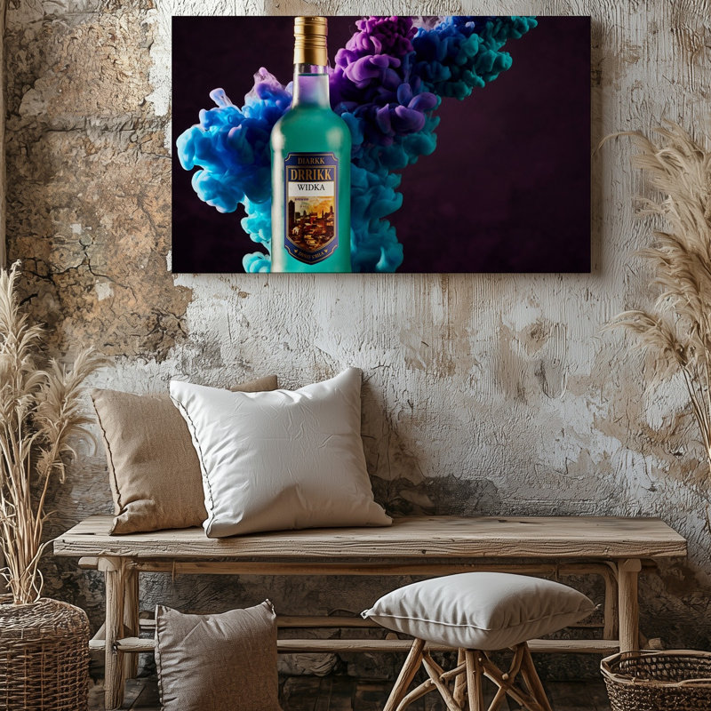 Toile, une bouteille brillamment illuminée de vodka turquoise qui attire l'attention sur un art mural, H 20 po x l 30 po