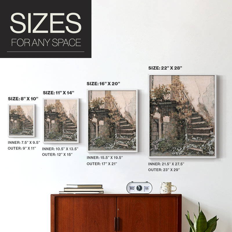 Escaliers Gracieux Framed Print - Solid Wood, 21" H x 17" W, White