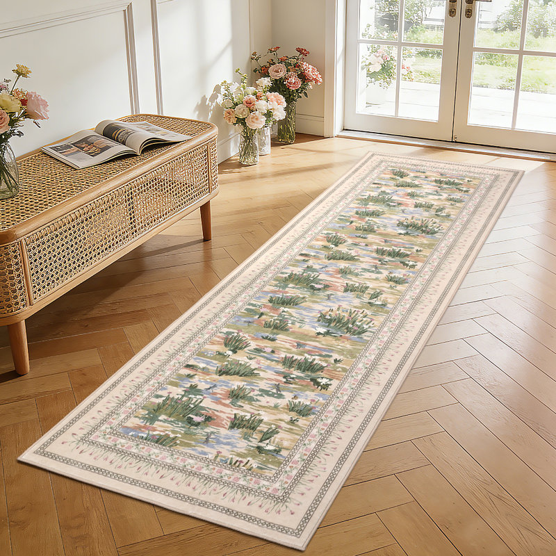 Washable Rug for Living Room, Soft Non Slip Floral Bedroom Rugs, Water Lily Pond Cute Nursery Rug, Large Low Pile Stain Resistant Farmhouse Rugs