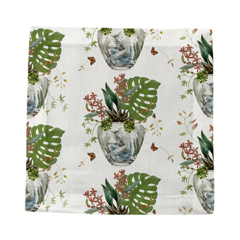 Monkey Small Jungle Cotton Sateen Cocktail Napkins, White