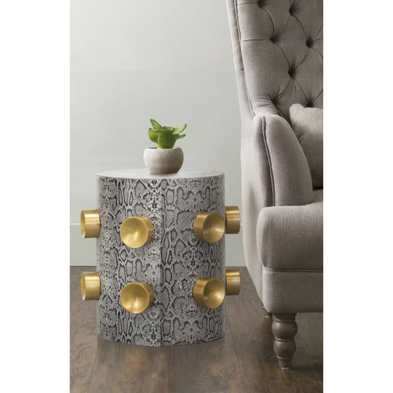 Table de bout en cuir Clover avec clous dorés, 14 x 14 x 17, Peau de serpent