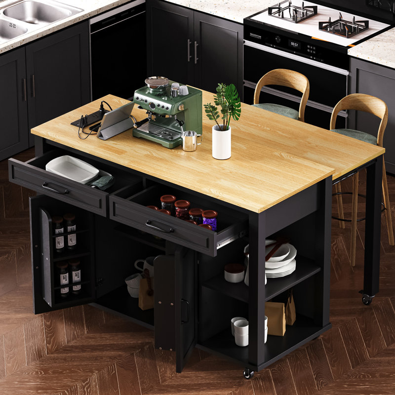 Îlot de cuisine avec table de salle à manger extensible, table de cuisine en placage de bois d'hévéa avec support de rangement interne, prise de courant, îlot de cuisine avec rangement 2 tiroirs et armoire