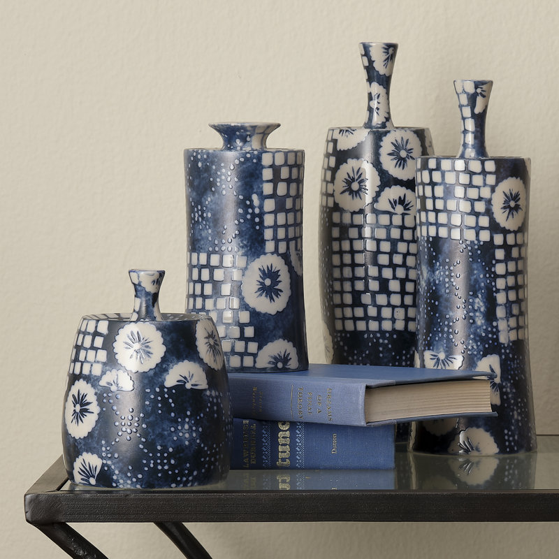 Indigo and White Ceramic Decorative Table Vases Set