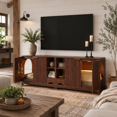 Meuble télé de 64 po avec compartiment dissimulé pour bac à litière (compatible avec les bacs XL), éclairage à détecteur de mouvement, porte réversible, étagère réglable – Console en bois pour salon et chambre