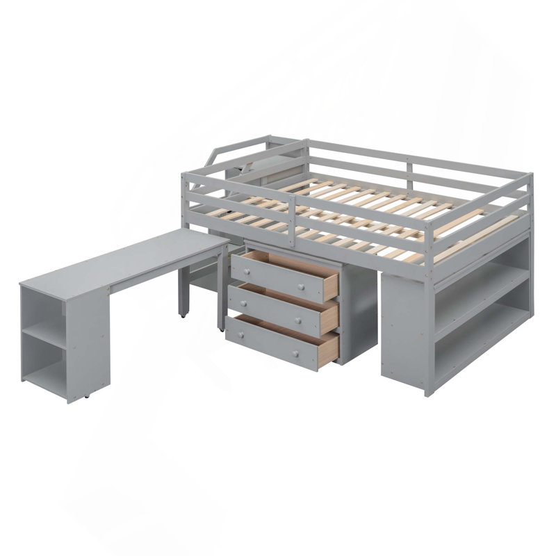 Lit mezzanine double en bois avec bureau d'écriture rétractable et 3 tiroirs, escalier de rangement et tablettes, Grey