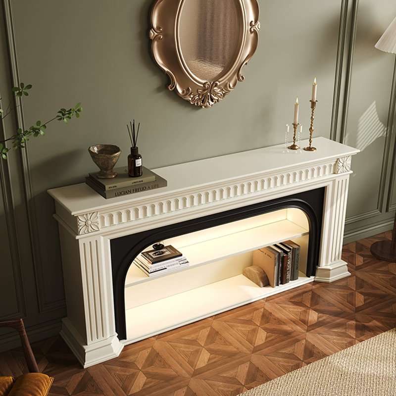Beige + Black Solid Wood TV Cabinet Fireplace, 29.53" H x 70.87" W x 13.78" D
