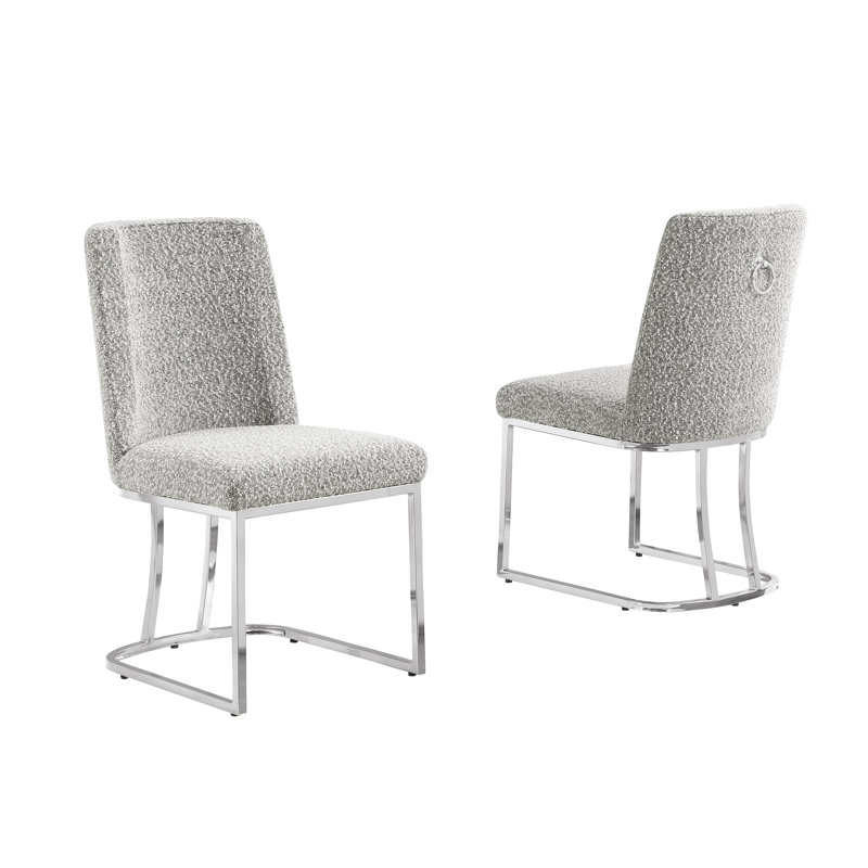 Minimal Side Chairs With Boucle Fabric Base, Rich Gray, Silver