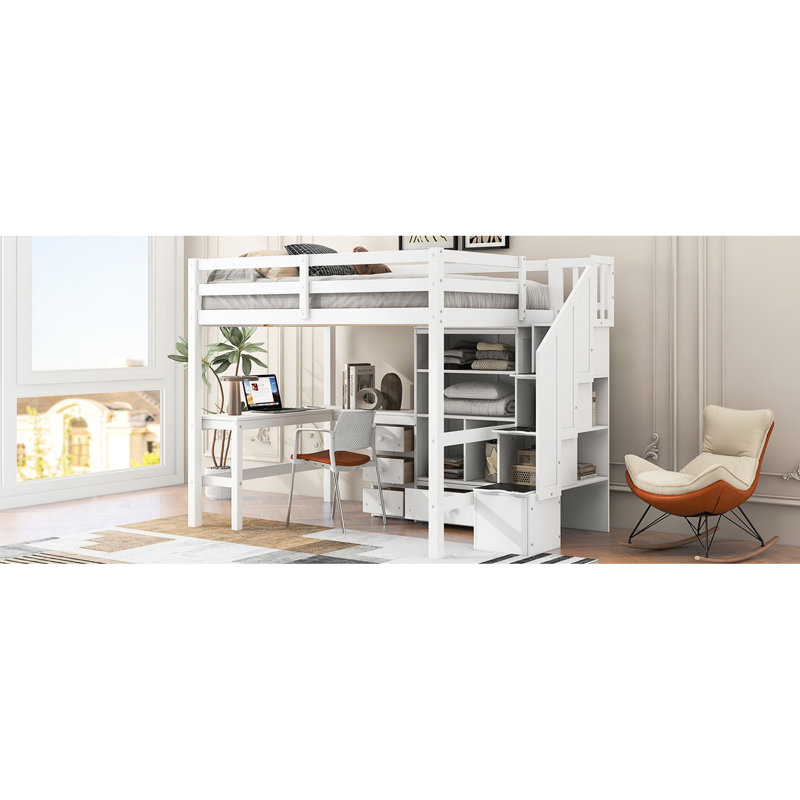Lit mezzanine double blanc avec bureau en forme de L, tiroirs multifonctionnels, armoire et escalier de rangement avec décoration pratique et peu encombrante