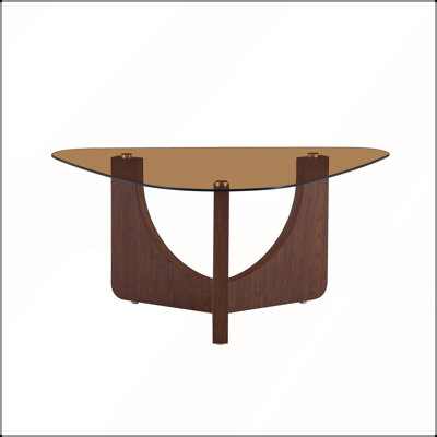 Vintage-Style Triangular Coffee Table with Tea-Colored Tempered Glass Top and Walnut-Colored MDF Legs, Perfect for Living Room and Corner Spaces.