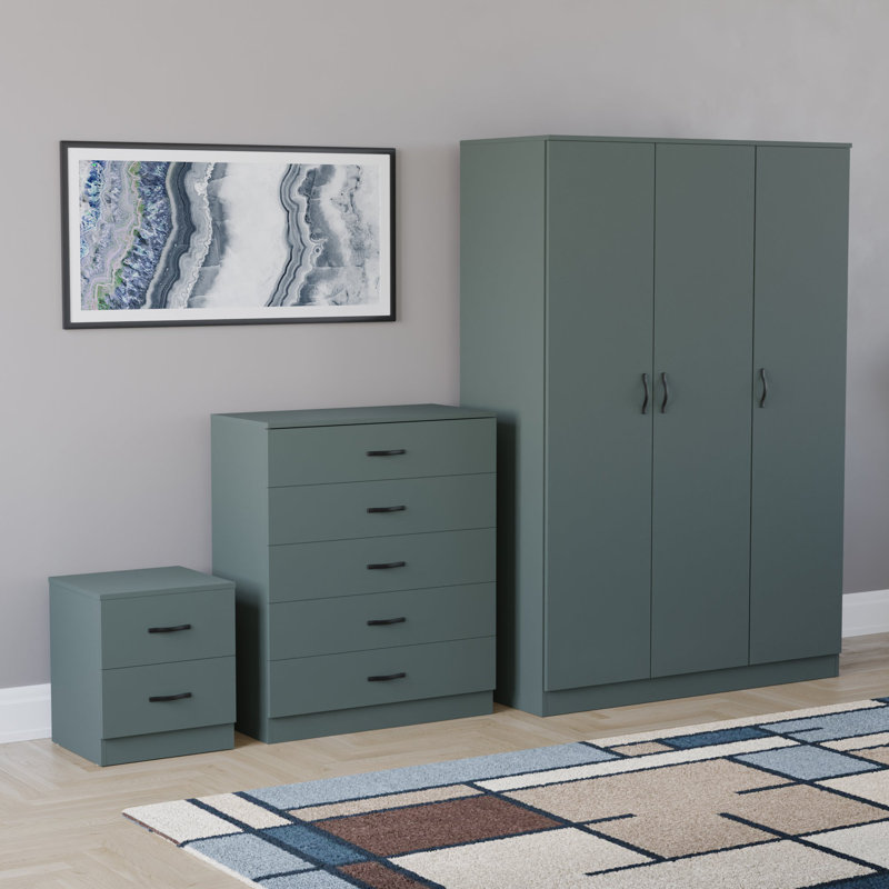 Maybery 3 Piece Bedroom Set (2 Drawer Bedside Chest, 5 Drawer Chest, 3 Door Wardrobe), (5), Green