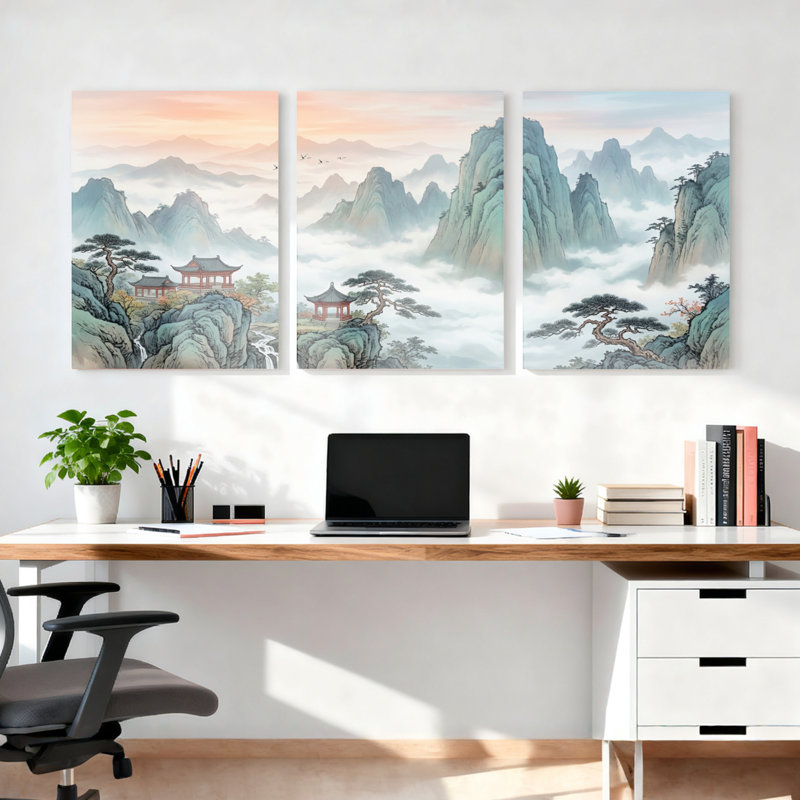 Ensemble de 3 tableaux sur toile représentant un paysage chinois avec pagodes et montagnes, H 18 po x l 36 po