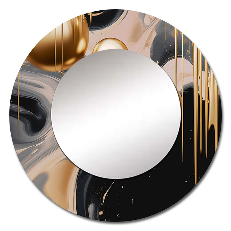 Doré et noir Mystic MÚlange I - miroir de formes abstraites, miroir mural rond unique moderne, art imprimé en métal