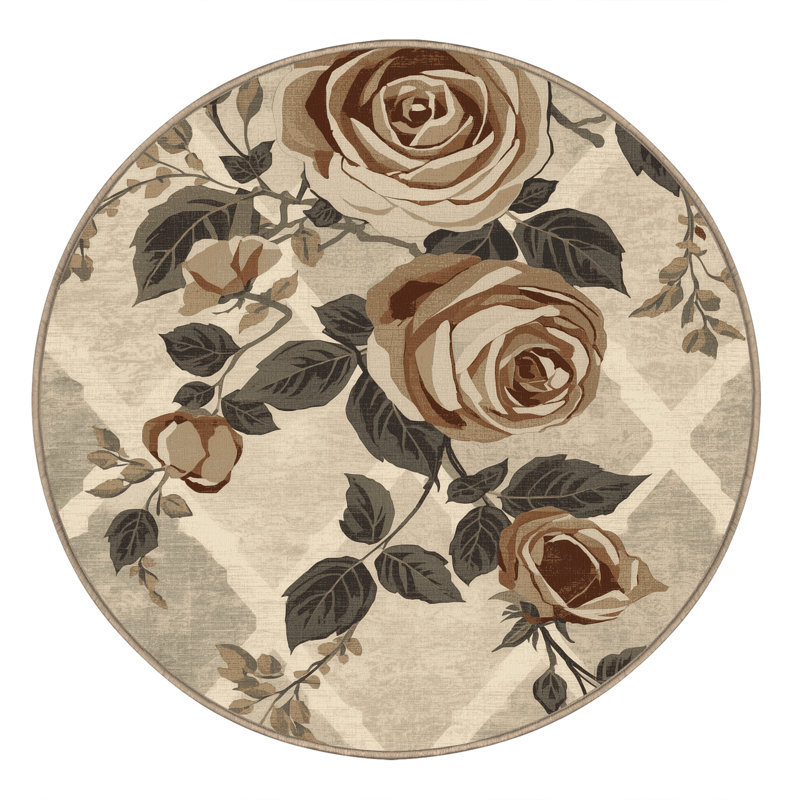 Machine Washable Ortencia Climbing Rose Traditional Trellis Rug in Beige – Beige Binding, 4' Round
