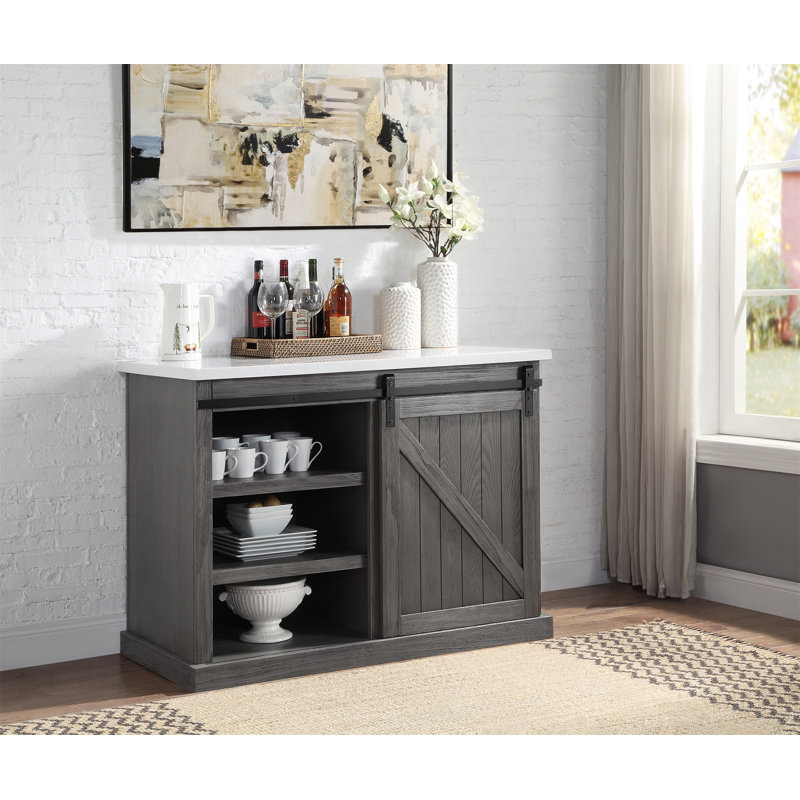 Gray Oak Kitchen Island with White Marble Top and Sliding Barn Door