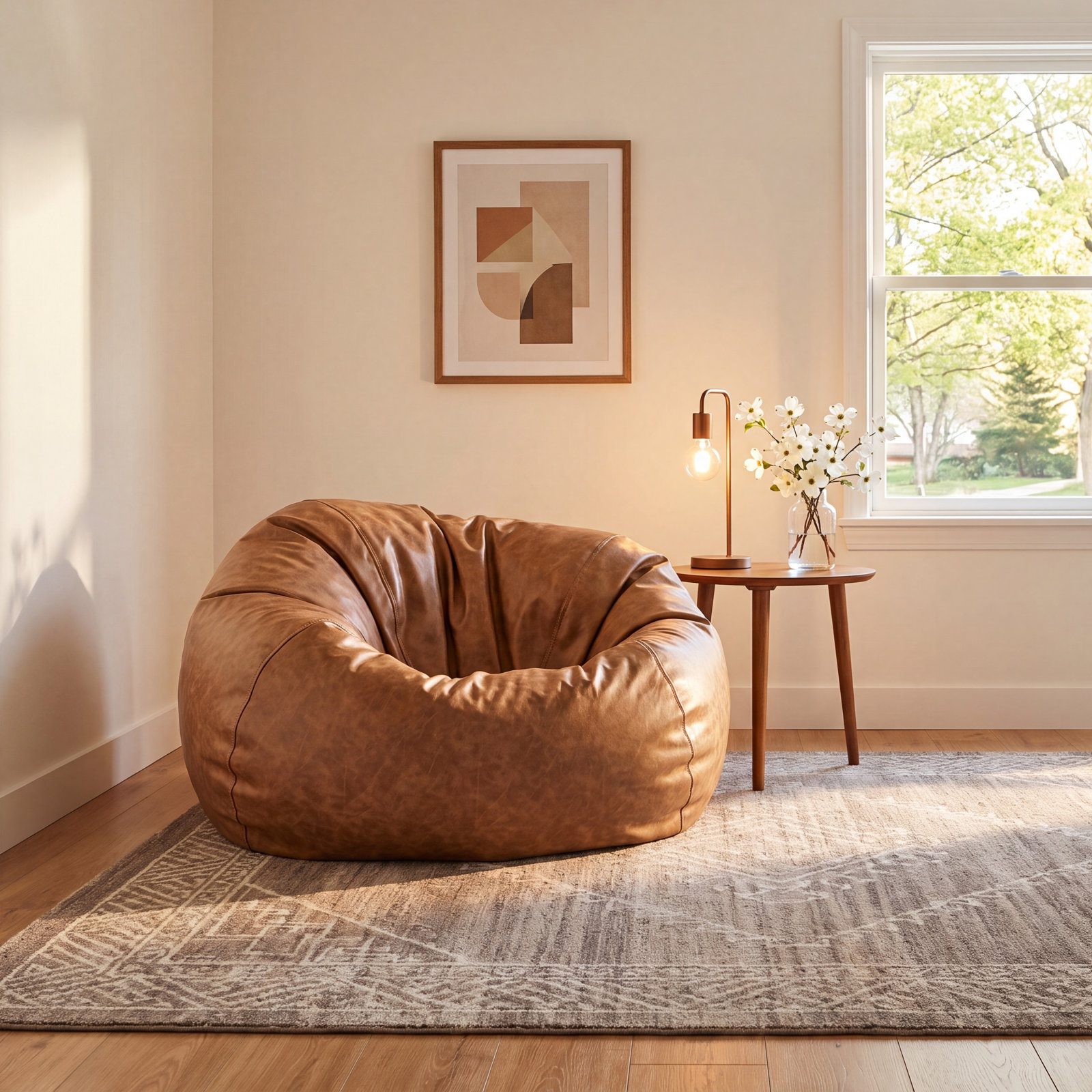 Classic Bean Bag, Pecan Faux Leather, 19" H x 35" W x 35" D